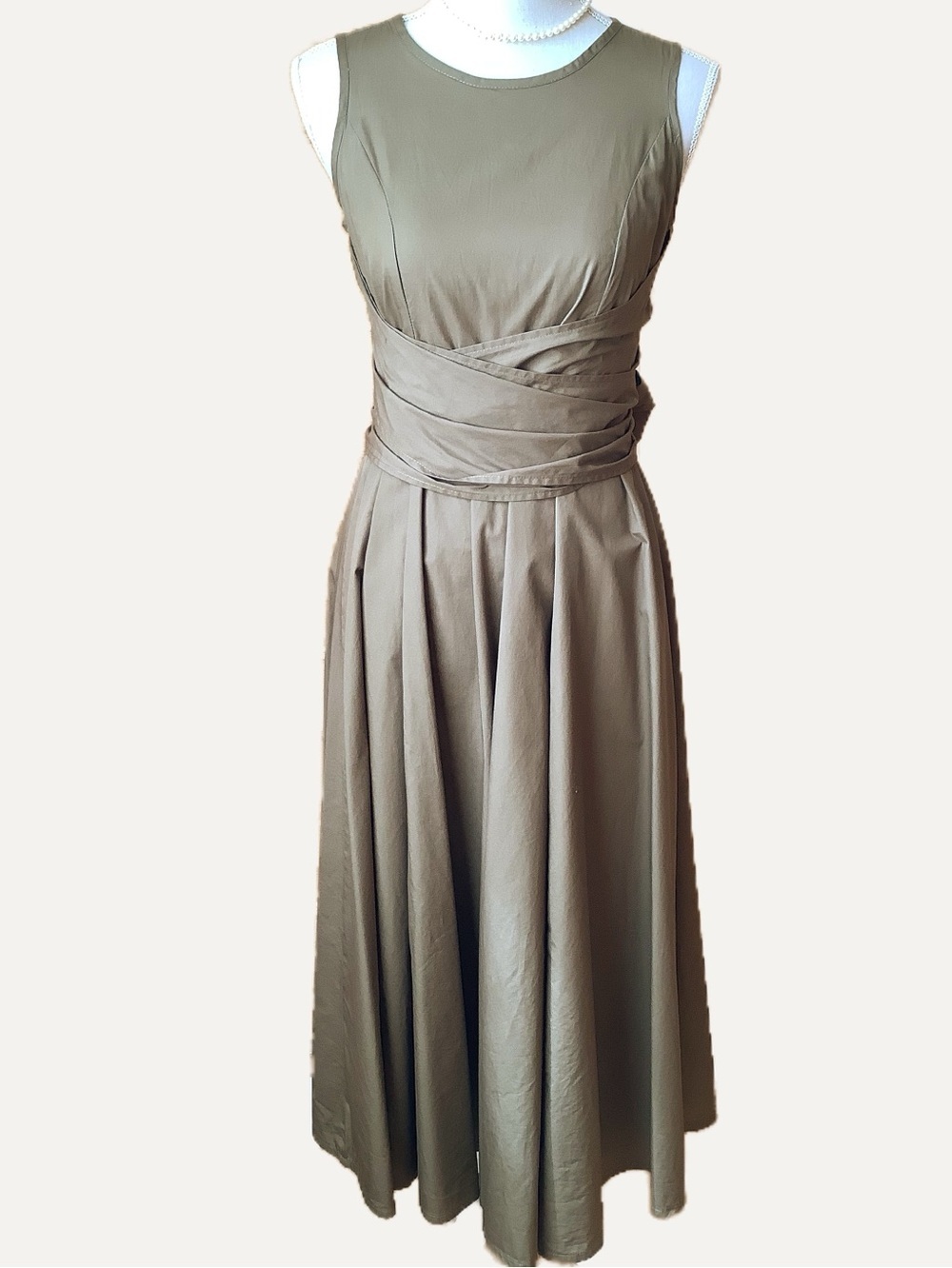 THOUGHT Organic Cotton Olive Green Wrap Waist Gathered Midi Dress EU 38 US 6
